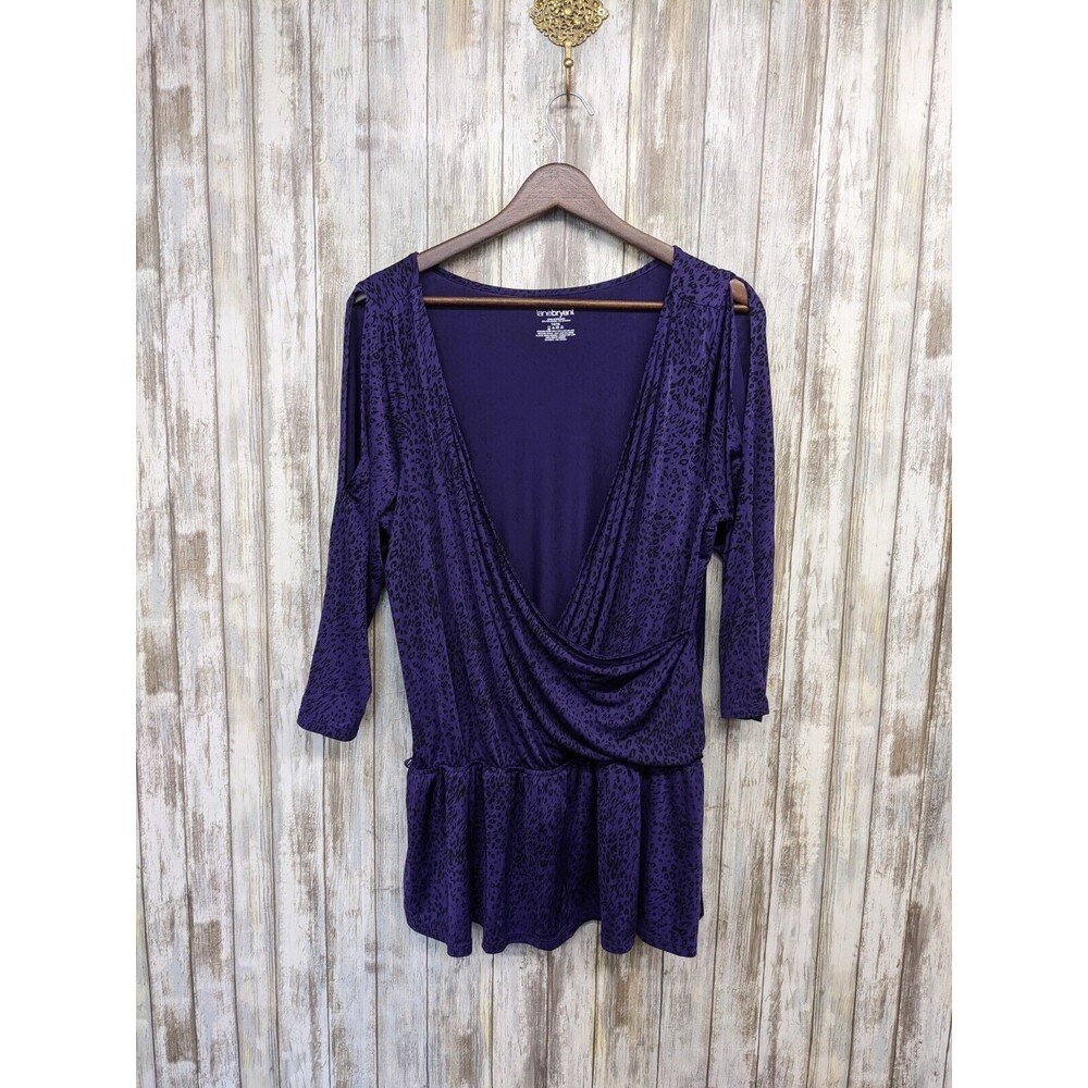 Lane Bryant Surplice Purple Animal Print Top Split 3/4 Sleeve Peplum Size 14/16